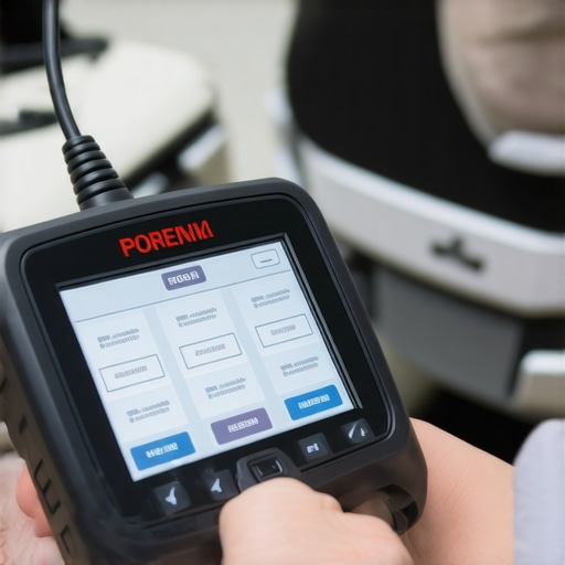 Automotive Diagnostic Scanner in Use A mechanic using an advanced automotive diagnostic scanner connected to a car's OBD-II port, displaying real-time data.