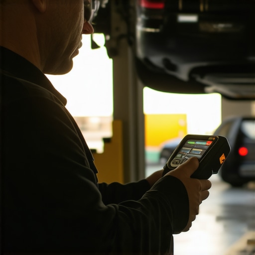 Automotive Diagnostic Scanner in Use Mechanic checking vehicle systems with a diagnostic tool