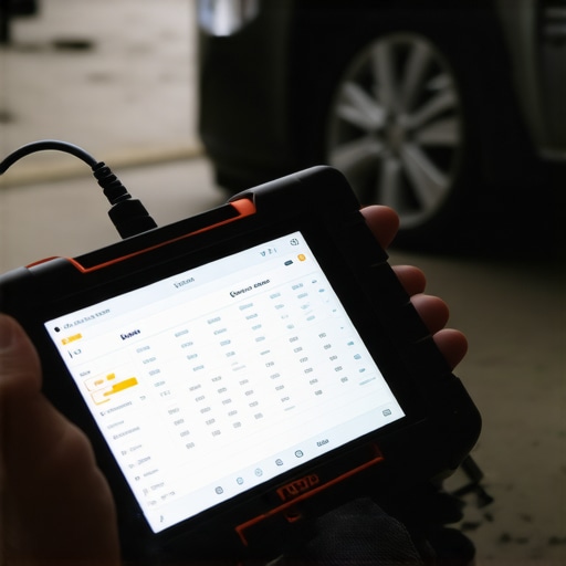 Automotive Diagnostic Scanner in Use A technician using an advanced OBD-II scanner to diagnose a vehicle's electronic systems.
