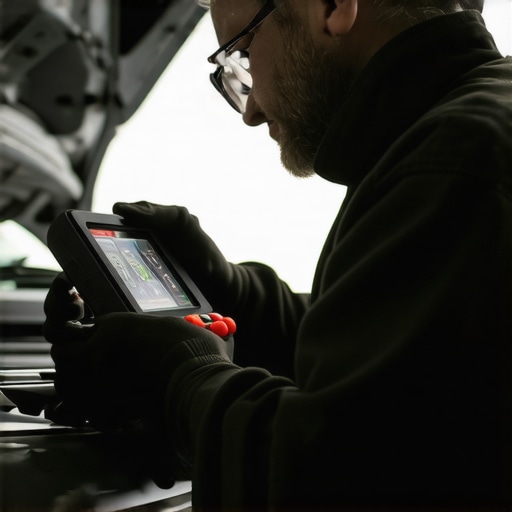 Automotive diagnostic scanner in action Mechanic connecting a diagnostic scanner to a vehicle's OBD-II port in the garage.