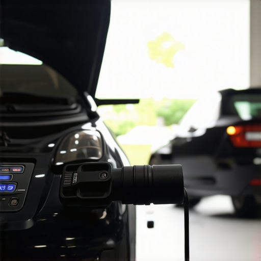 Automotive diagnostic tool in use Close-up of a mechanic using an OBD-II scanner to diagnose vehicle issues