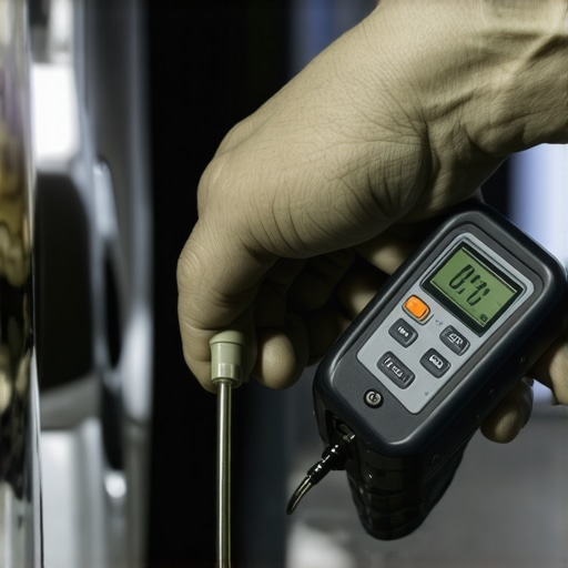 Brake Fluid Testing in Progress Mechanic using a digital brake fluid tester in a well-equipped auto repair shop.