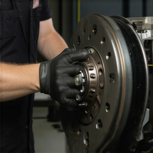 Mechanic checking brake rotor and pads under a lifted car