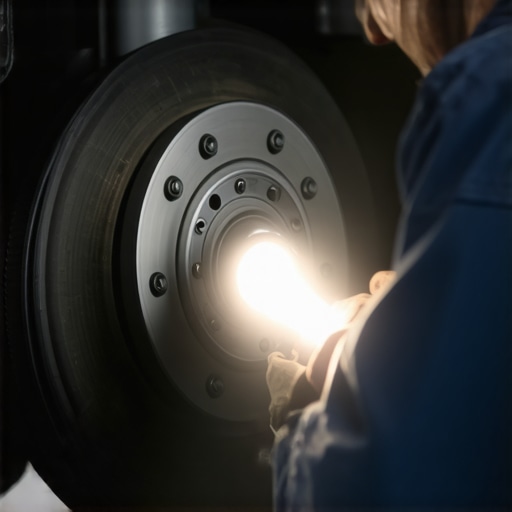 Mechanic examining car brake components during repair.