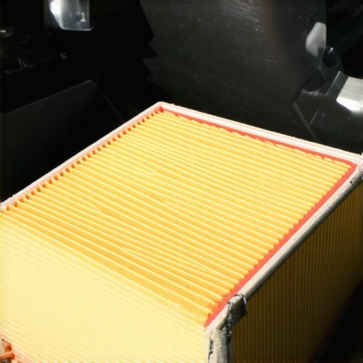 Clean Air Filter in Engine Intake A new, dry automotive air filter installed in the intake duct, ready for engine performance.