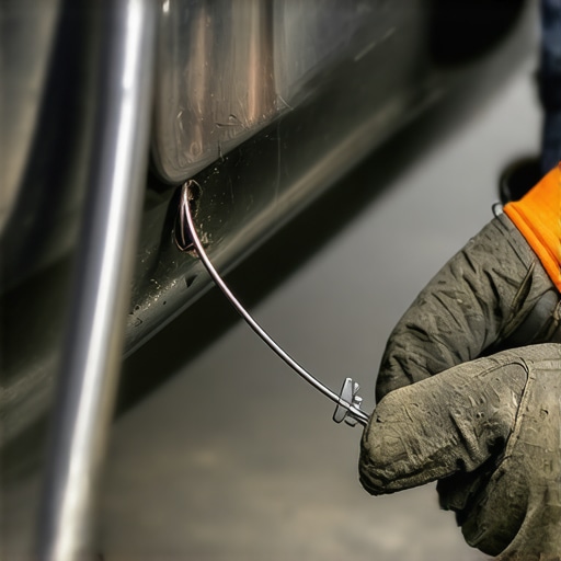 Mechanic inserting a wire into a car's drain tube to remove debris