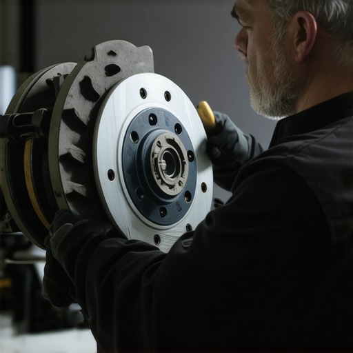 Detailed Brake Inspection Mechanic examining car brake pads and rotors closely during maintenance.