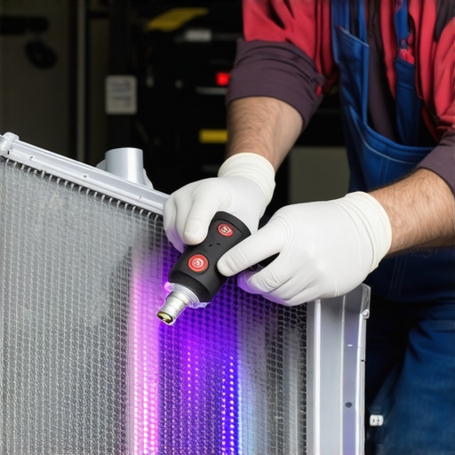 Mechanic inspecting a car's radiator with UV dye to find leaks.