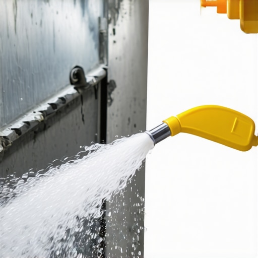 Close-up of a hand spraying soapy water on an exhaust pipe showing bubbles at leak points.