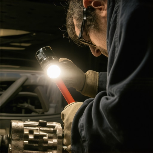 Mechanic inspecting exhaust manifold with flashlight for signs of cracks and leaks