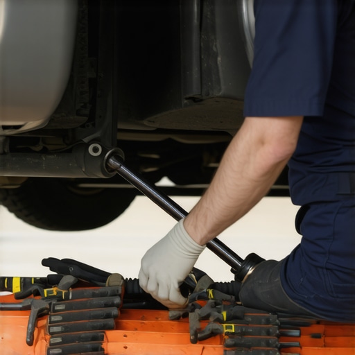Diagnosing a U-joint on a lifted car Mechanic checking a driveshaft for wear and damage under a lifted car