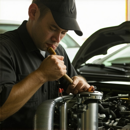 Mechanic using cigar to detect vacuum leaks in engine hoses.