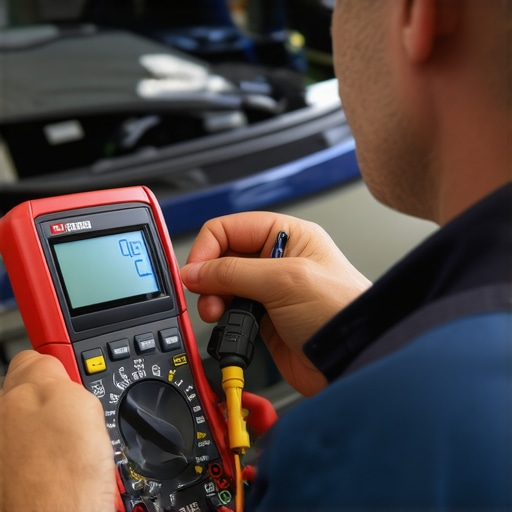 Essential Auto Maintenance Tools Mechanic measuring electrical voltage with a digital multimeter and analyzing vehicle diagnostics on a scan tool.
