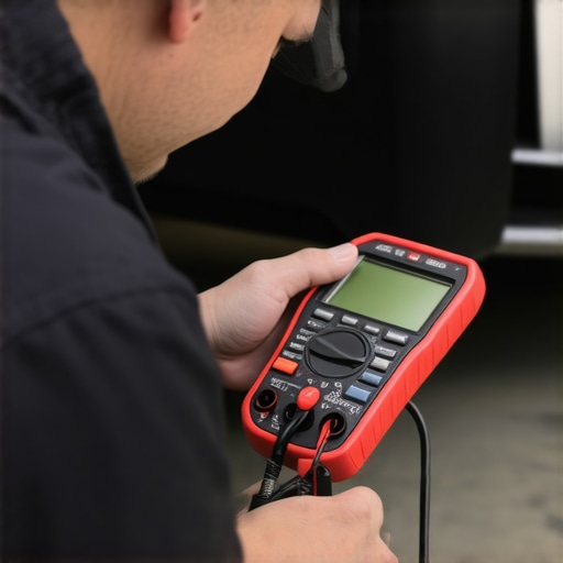 Essential diagnostic tools for vehicle maintenance Technician testing a car's electrical system with a multimeter and scan tool in a garage