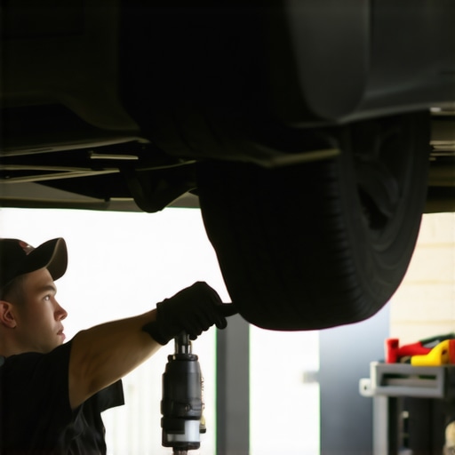 Mechanic replacing a fuel filter beneath the vehicle