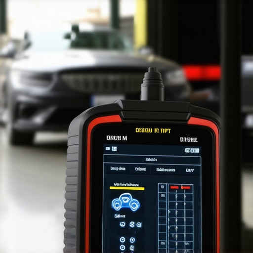 High-Tech Vehicle Diagnostic Scanner Diagnostic scanner connected to a car engine displaying detailed diagnostic information.