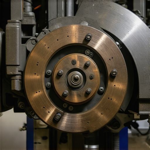 Mechanic examining brake pads and rotors during service inspection