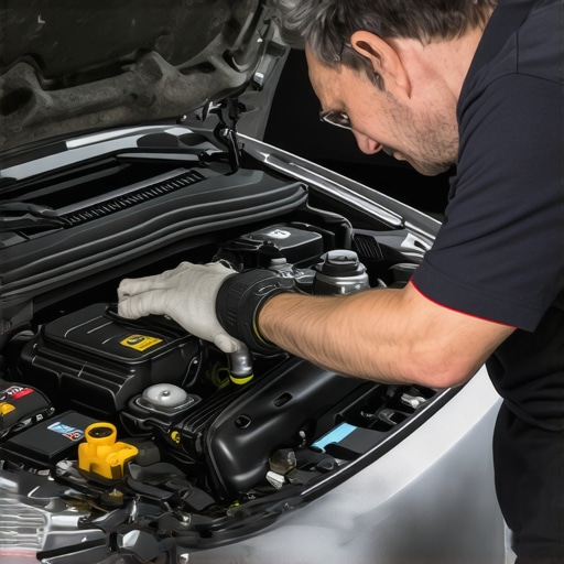 Inspecting Brake System Components Automobile mechanic checking brake fluid level and sensors in engine bay.
