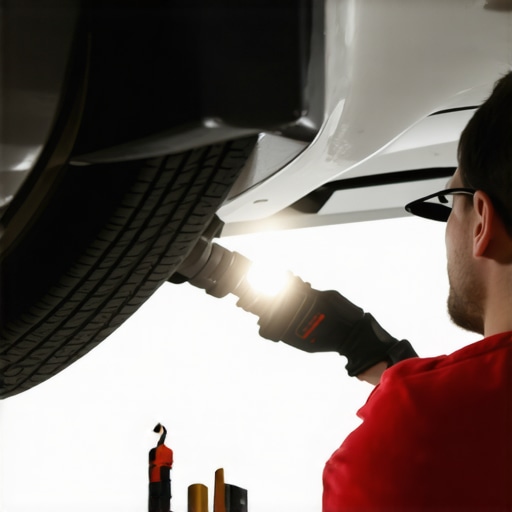 Mechanic checking a vehicle's drain tube for blockages using a flashlight and tools