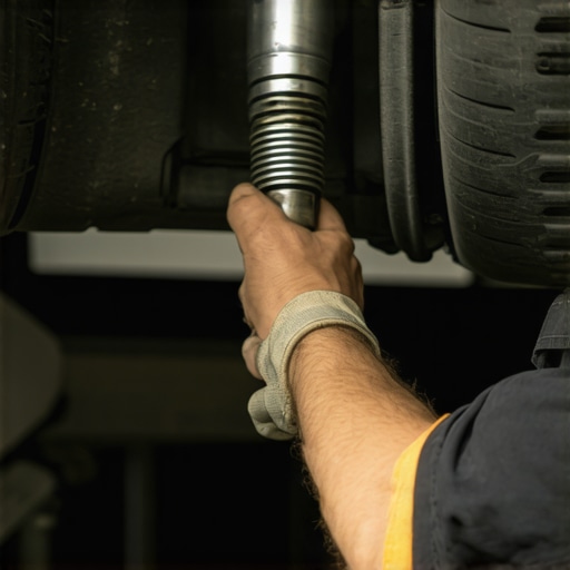 Mechanic examining worn shock absorbers for leaks and damage