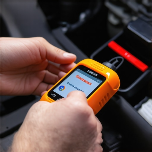 A technician updating a Bluetooth OBD-II scanner in an automotive garage
