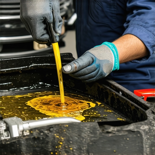 A mechanic inspecting engine oil with a flashlight and dipstick