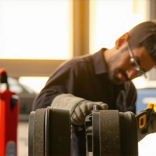 Mechanic inspecting brake pads during service Close-up of a mechanic checking brake pads with tools in a car repair shop.