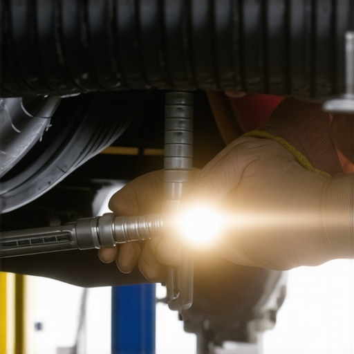 Mechanic examining car suspension and steering components for looseness or damage.