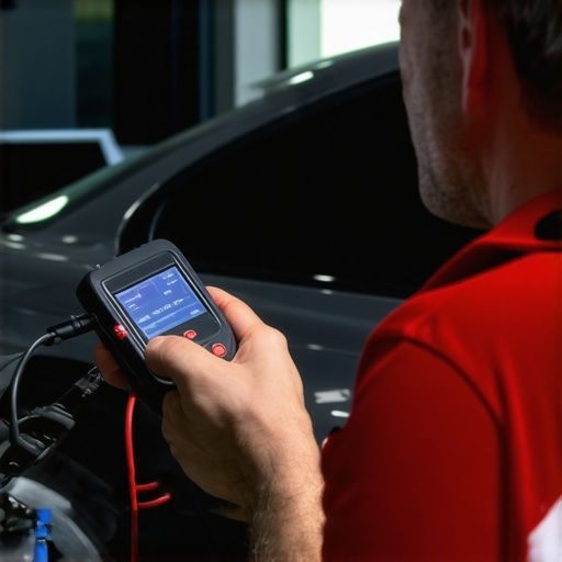 Mechanic diagnosing a vehicle with an advanced scanner for precise fault detection.