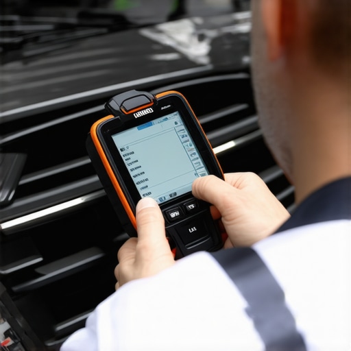 Mechanic using diagnostic scanner on car dashboard