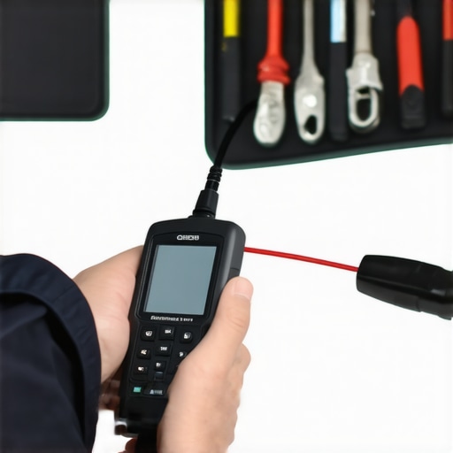Modern Vehicle Diagnostics in Action Mechanic checking vehicle diagnostics with a digital scanner during maintenance.