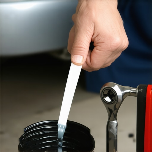 Mechanic draining fluid from car's power steering reservoir during maintenance.