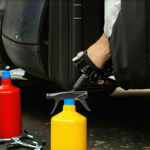 Mechanic draining and refilling power steering fluid beneath vehicle