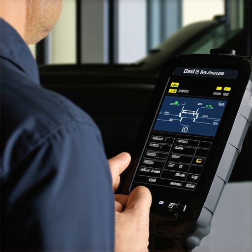 Professional Vehicle Diagnostic Scanner in Use Mechanic analyzing car diagnostics with a high-tech scanner in a well-lit garage.