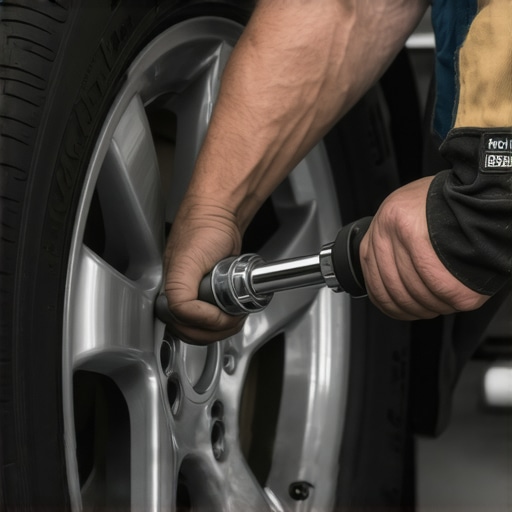 Mechanic using torque wrench to tighten wheel lug nuts
