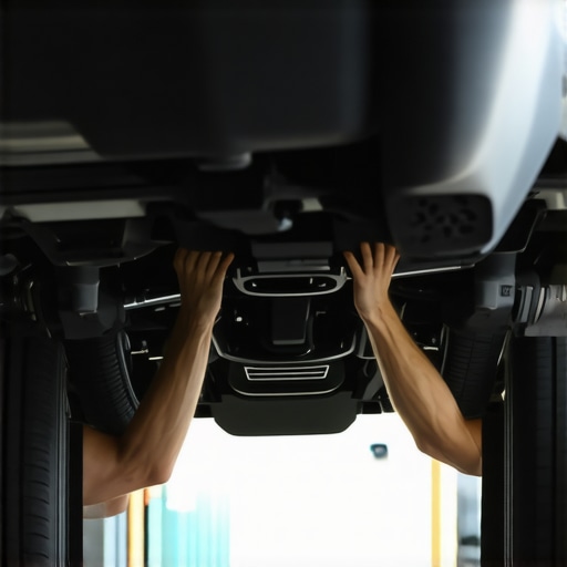 Mechanic using a pry bar to test ball joints on a lifted car