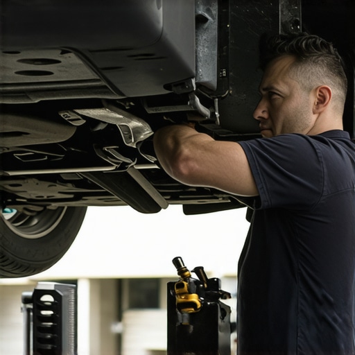 Mechanic repairing exhaust system with new hanger replacement