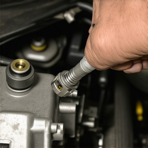 Mechanic replacing a transmission sensor with tools in an engine bay.