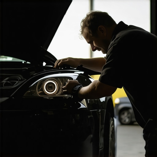 Replacing a car starter Mechanic installing a new starter motor in a vehicle