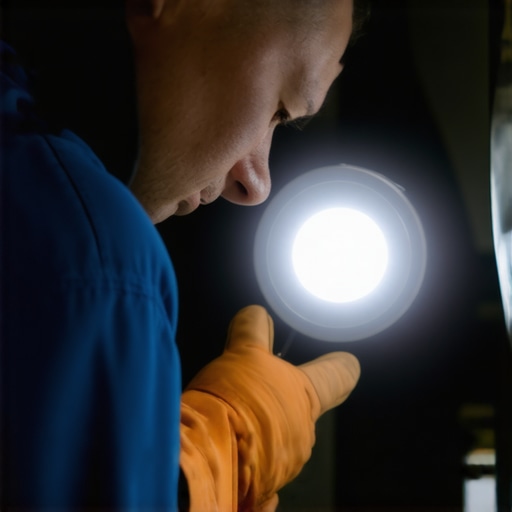 Mechanic checking car suspension with flashlight