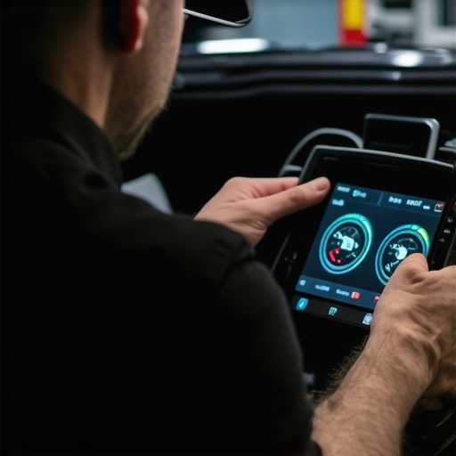 Technician Diagnosing Vehicle with Advanced Tools Mechanic using diagnostic scanner on car dashboard