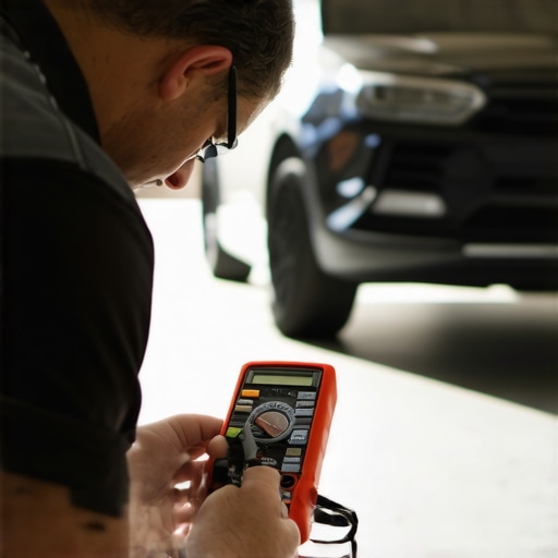 Testing Alternator with Multimeter A technician using a multimeter to check a car's alternator voltage in a garage setting.