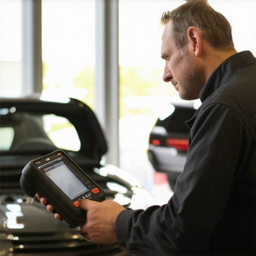 Using Diagnostic Tools for Vehicle Maintenance Mechanic testing vehicle systems with advanced diagnostic equipment in a professional garage.