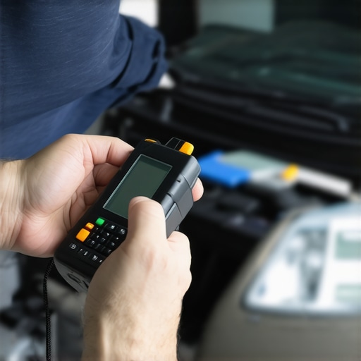 Using a Diagnostic Scanner for Auto Maintenance Mechanic connecting a diagnostic scanner to a car's OBD-II port in a well-lit garage