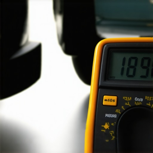 Person testing car battery voltage with a multimeter