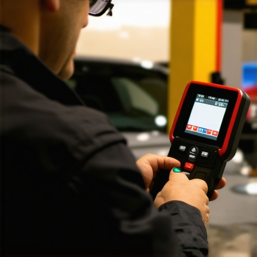 Using a Vehicle Diagnostic Scanner for Maintenance A mechanic operating a diagnostic scanner on a car's dashboard to check for issues