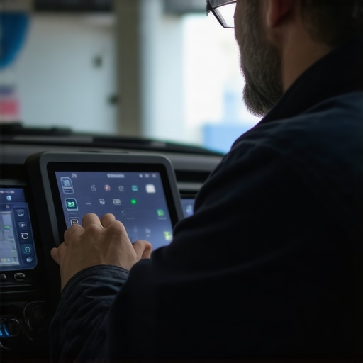 Using a Vehicle Diagnostic Scanner Professional mechanic performing advanced diagnostics on car dashboard with a high-tech scanner