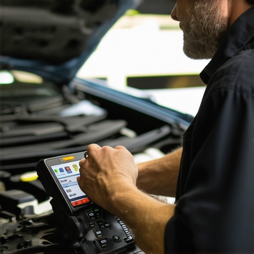 Using a diagnostic scanner for vehicle health check Mechanic connecting an OBD-II scanner to a car's diagnostic port in a garage.