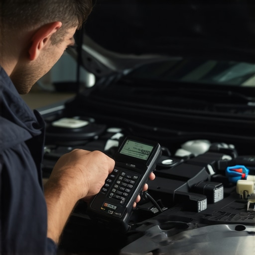 Using a diagnostic scanner for vehicle maintenance Mechanic checking vehicle sensors with a diagnostic tool in a well-equipped garage.