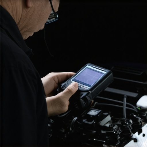 Using an Advanced Diagnostic Scanner in Auto Repair Mechanic operating an OBD-II scanner to diagnose vehicle issues in a modern garage.